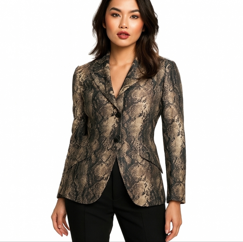 Elie Tahari Snake Print Tailored Blazer Brown Python Notch Lapel Size 2